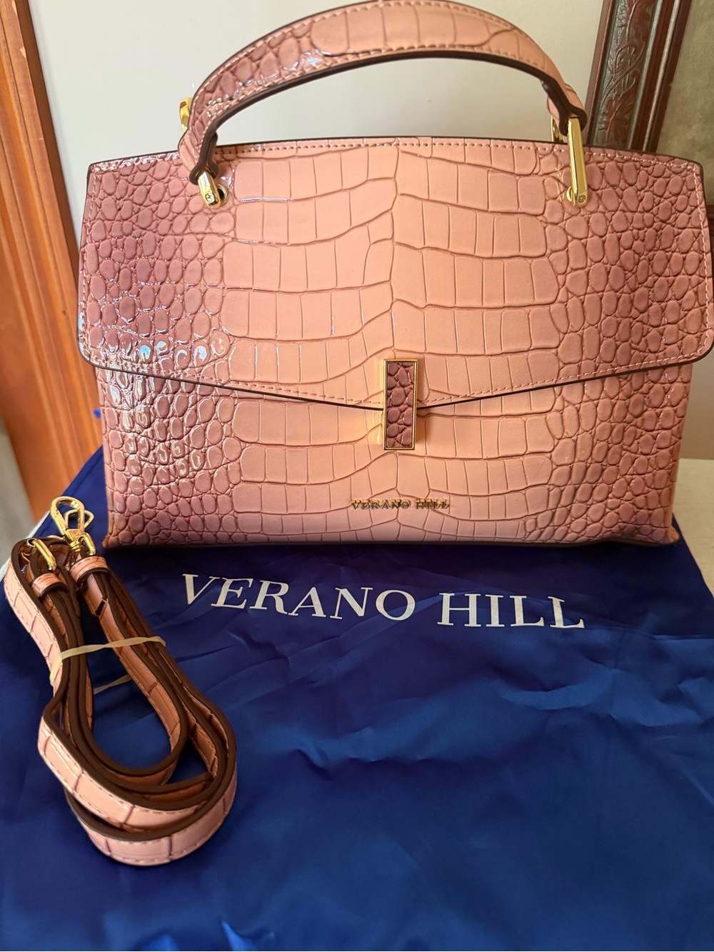Verano Hill Pink Croc-Embossed Top-Handle Satchel with Removable Strap